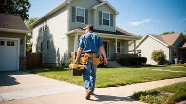 Man with tool belt and toolbox walks toward a two-story house on a sunny day.
