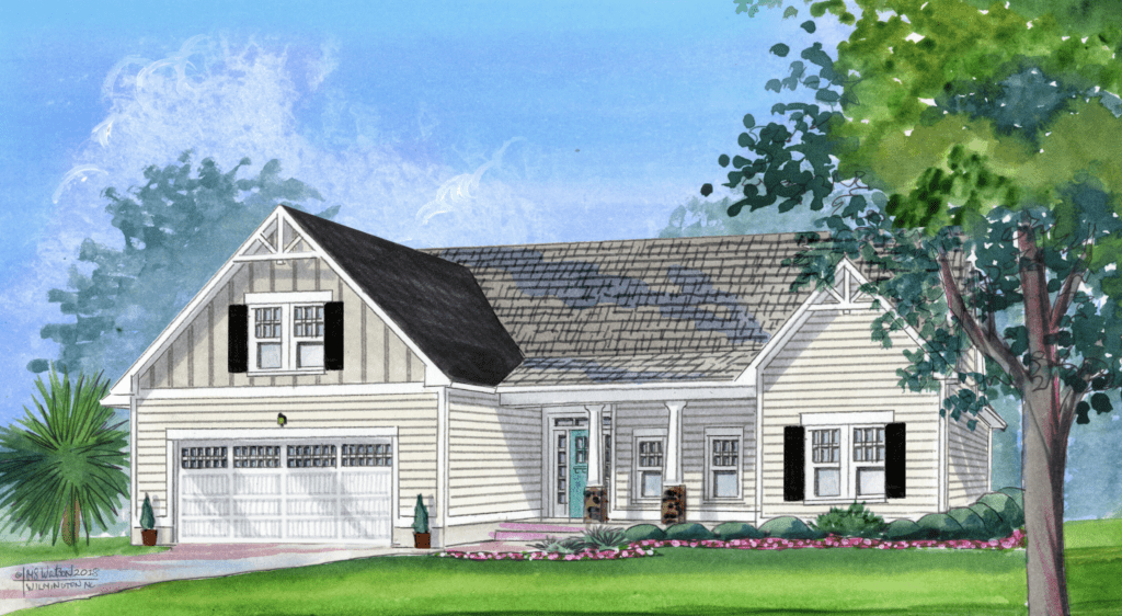 Watercolor rendering of a beige ranch house with a white porch, black shutters, and a turquoise door.