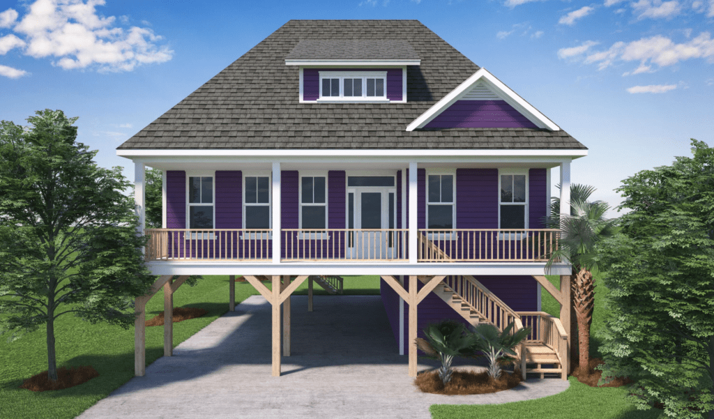 Purple elevated house with white trim, stairs, and front porch.
