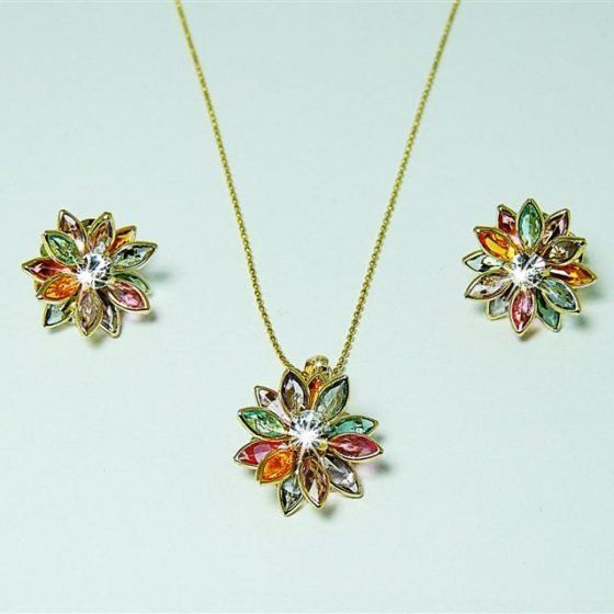 Colar e Brincos de Flor Navete Coloridos - Daruma Bijuterias