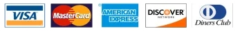 Visa, MasterCard, American Express, Discover, and Diners Club logos on a white background