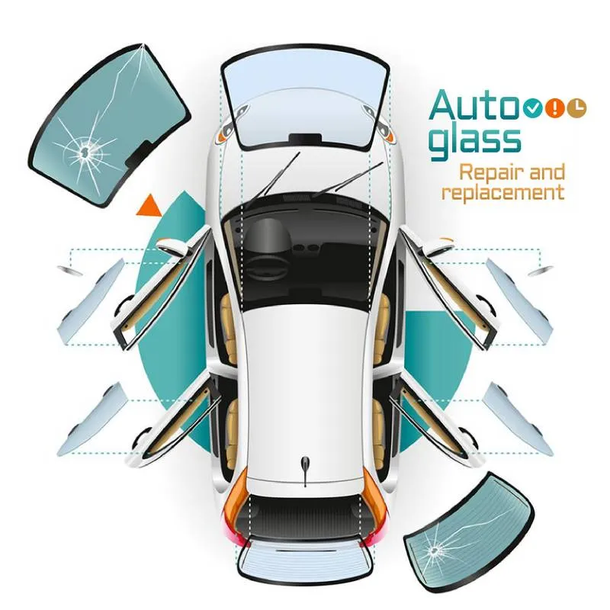 Top view of a white car with shattered and detached blue glass panels, labeled “Autoglass repair and replacement”