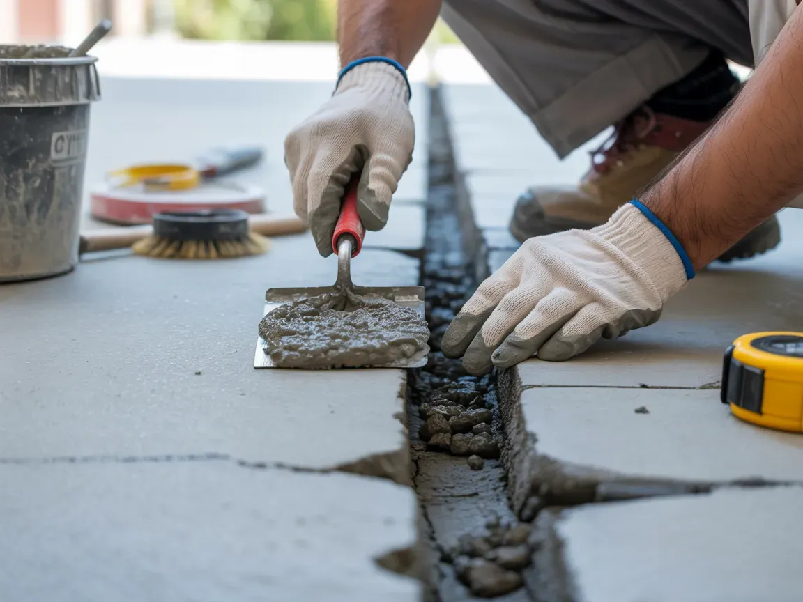 Person in gloves using a trowel and hands to fill a crack in concrete pavement with gray cement.