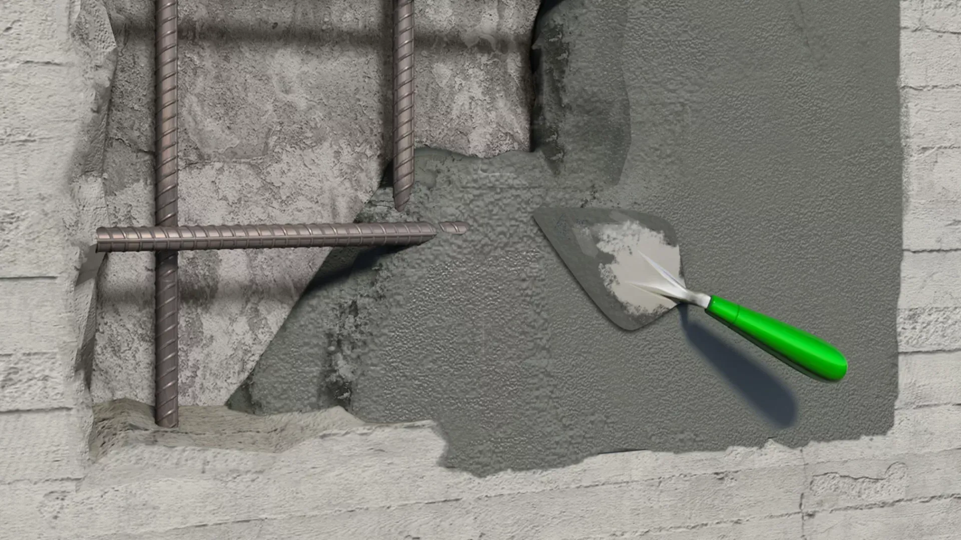 A man is using a trowel to spread concrete on a construction site.