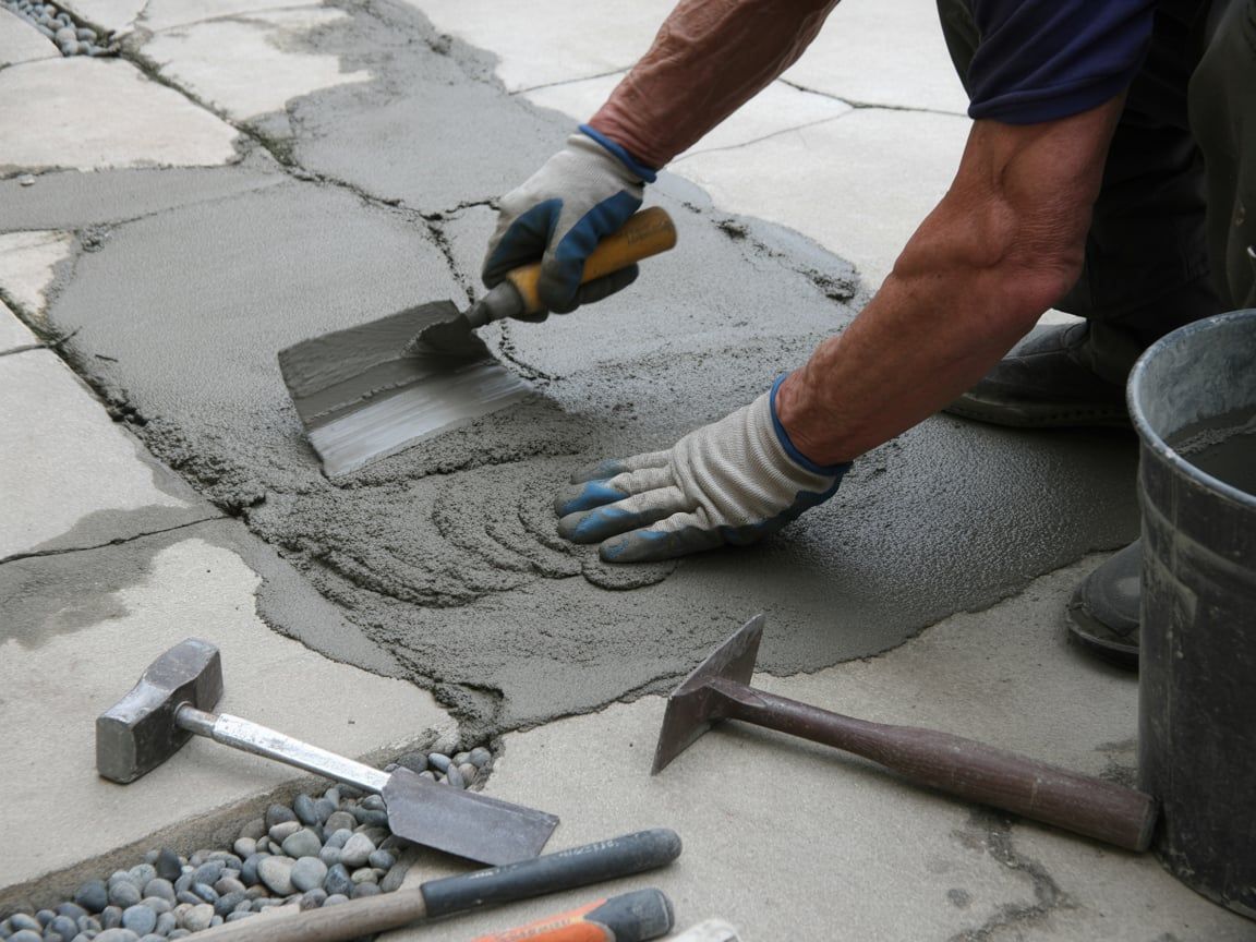 Person applying concrete to patio stones with a trowel; tools, bucket, and gravel nearby.