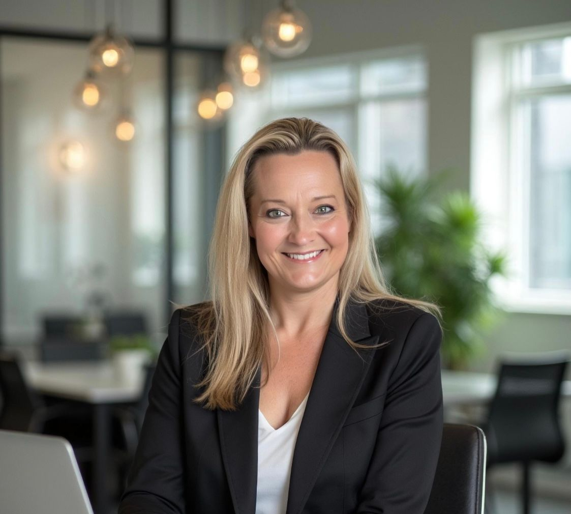 A woman is sitting at a desk with a laptop and a vase of flowers.