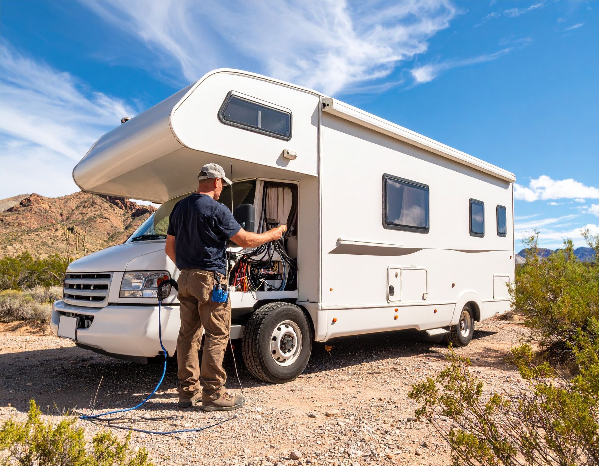 Man repairing a white RV in a desert setting under a blue sky. He is accessing engine components.