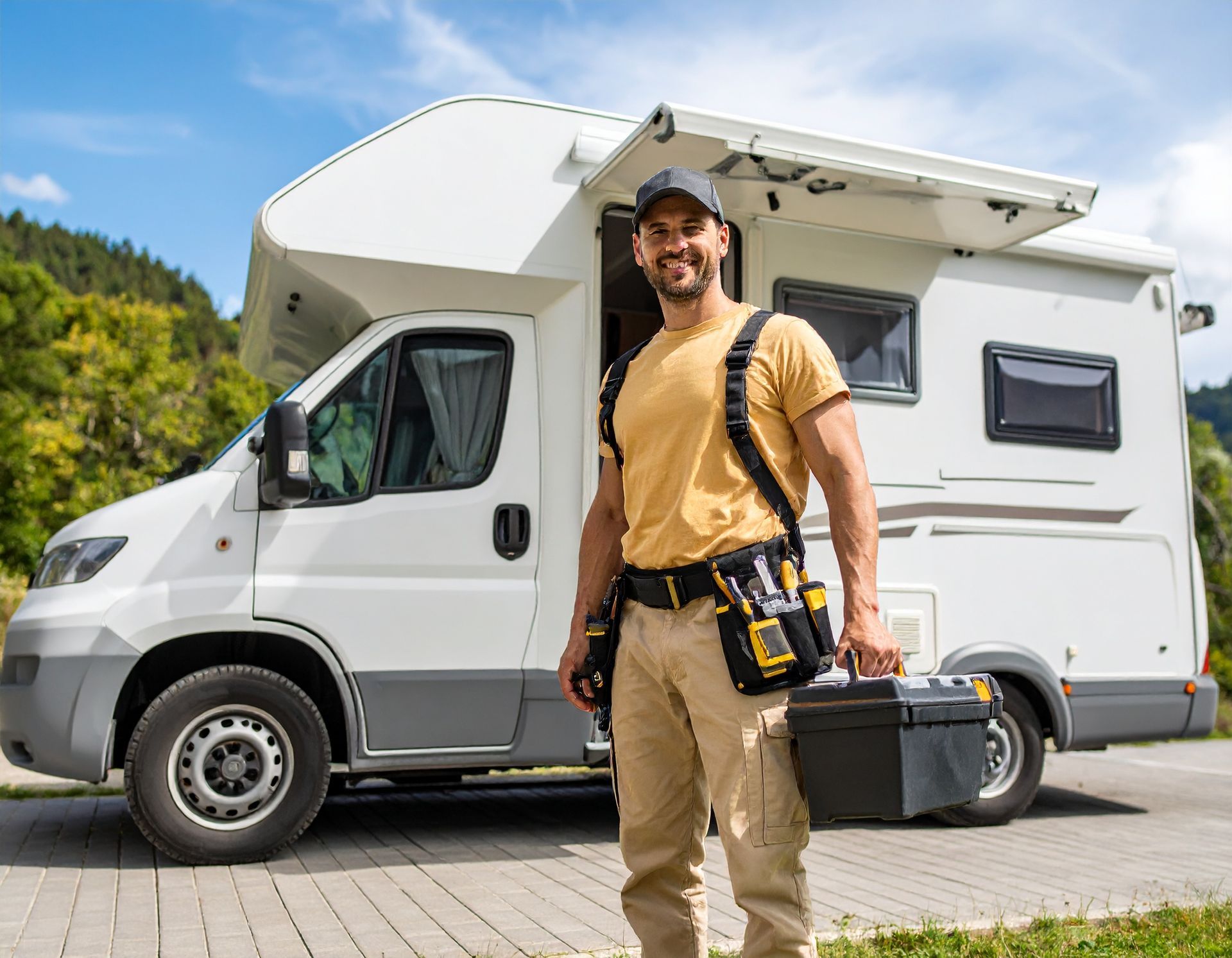 A smiling man with a tool belt and toolbox stands next to a white RV on a paved area, mountains in the background.