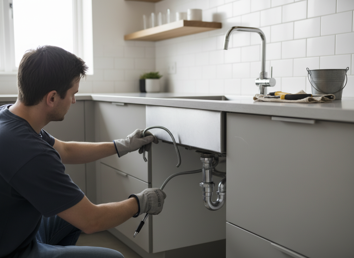 Αποφράξεις νεροχύτη – τεχνικός σε αποχέτευση νεροχύτη κουζίνας