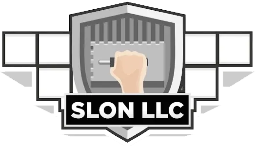 Logo for SLON LLC: shield with hand holding trowel, tiles on either side, company name below.