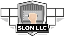 Logo for SLON LLC: shield with hand holding trowel, tiles on either side, company name below.