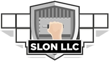 Logo for SLON LLC: shield with hand holding trowel, tiles on either side, company name below.