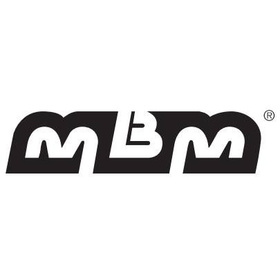 Logo MBM in bianco e nero, testo stilizzato all'interno di un rettangolo.