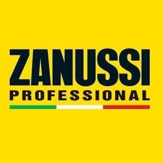 Logo Zanussi Professional su sfondo giallo, testo nero, colori della bandiera italiana sotto.