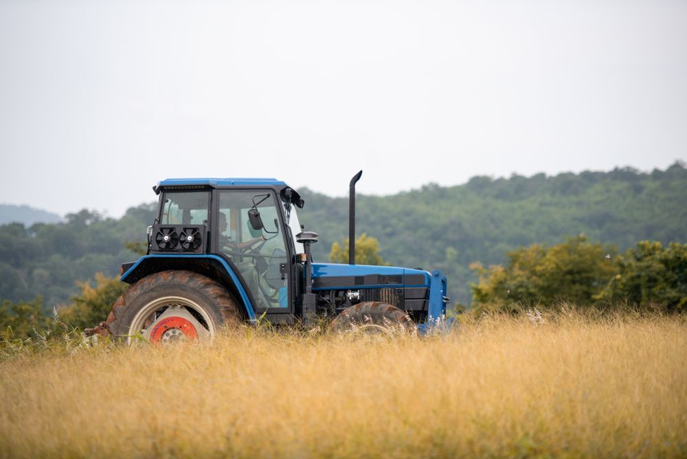 Blue tractor in tall golden grass field, trees in background.