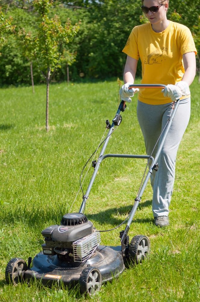 A Woman Is Cutting The Grass With A Lawn Mower — Leslie Farm & Garden Machinery In South Grafton, NSW
