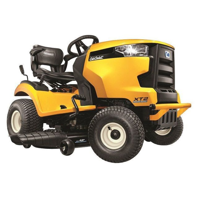 A Yellow Lawn Mower With A Black Seat On A White Background — Leslie Farm & Garden Machinery In South Grafton, NSW