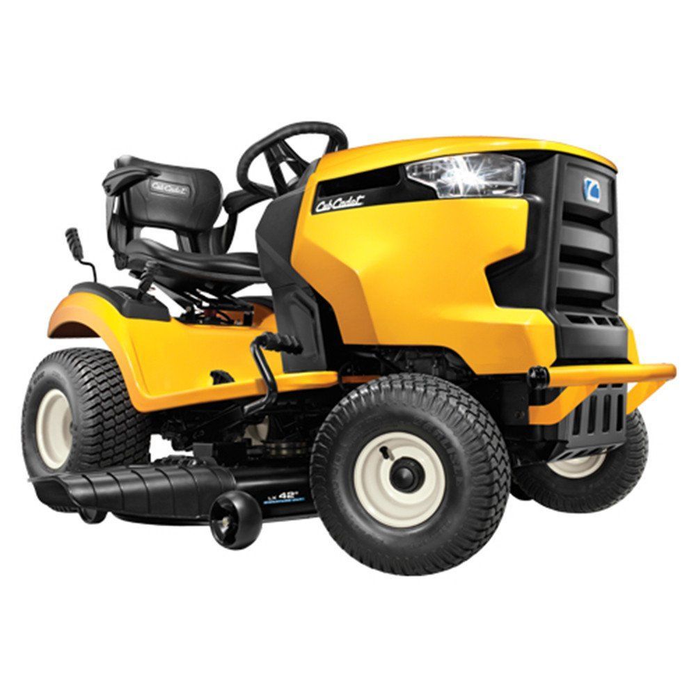 A Yellow Lawn Mower With A Black Seat On A White Background — Leslie Farm & Garden Machinery In South Grafton, NSW