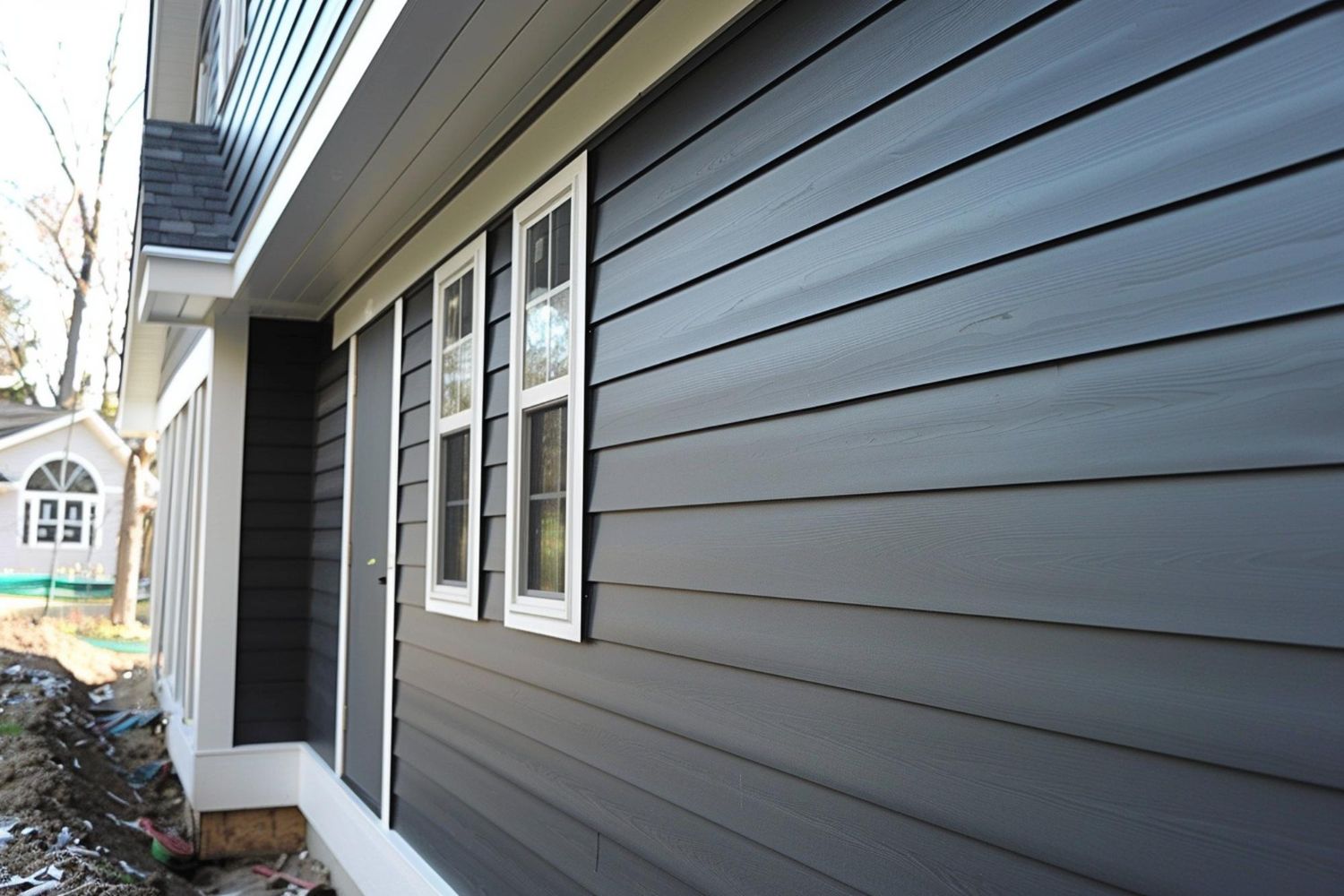 The side of a house with a black siding and white trim