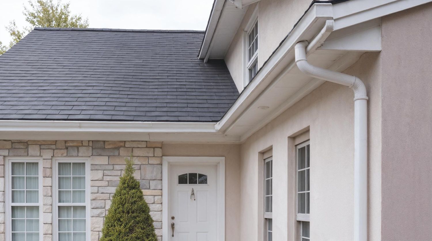 Exterior view of a home entrance with a stone-accented wall, white door, and a black shingle roof.