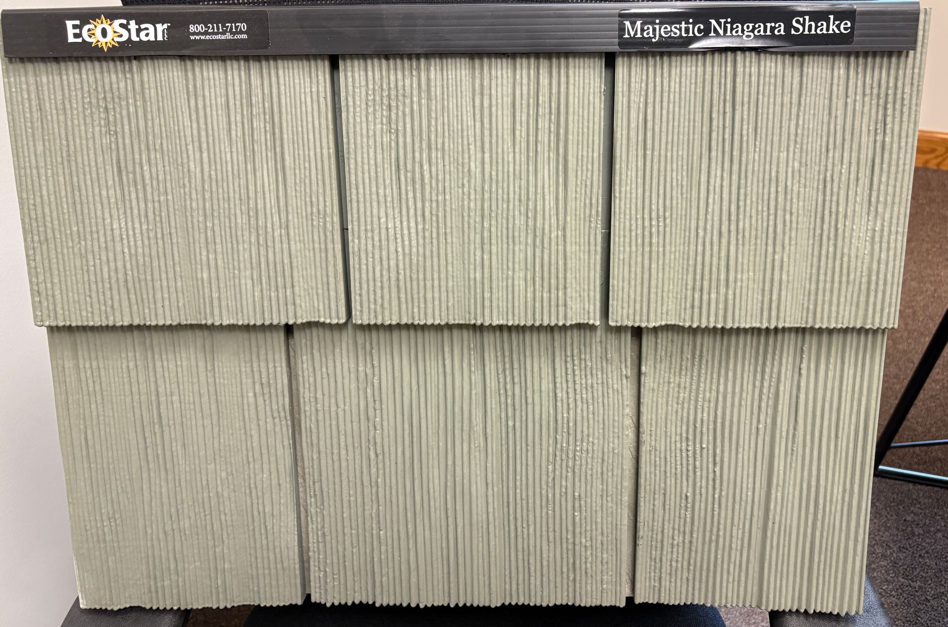 Gray EcoStar Majestic Magna Slate roofing material sample.