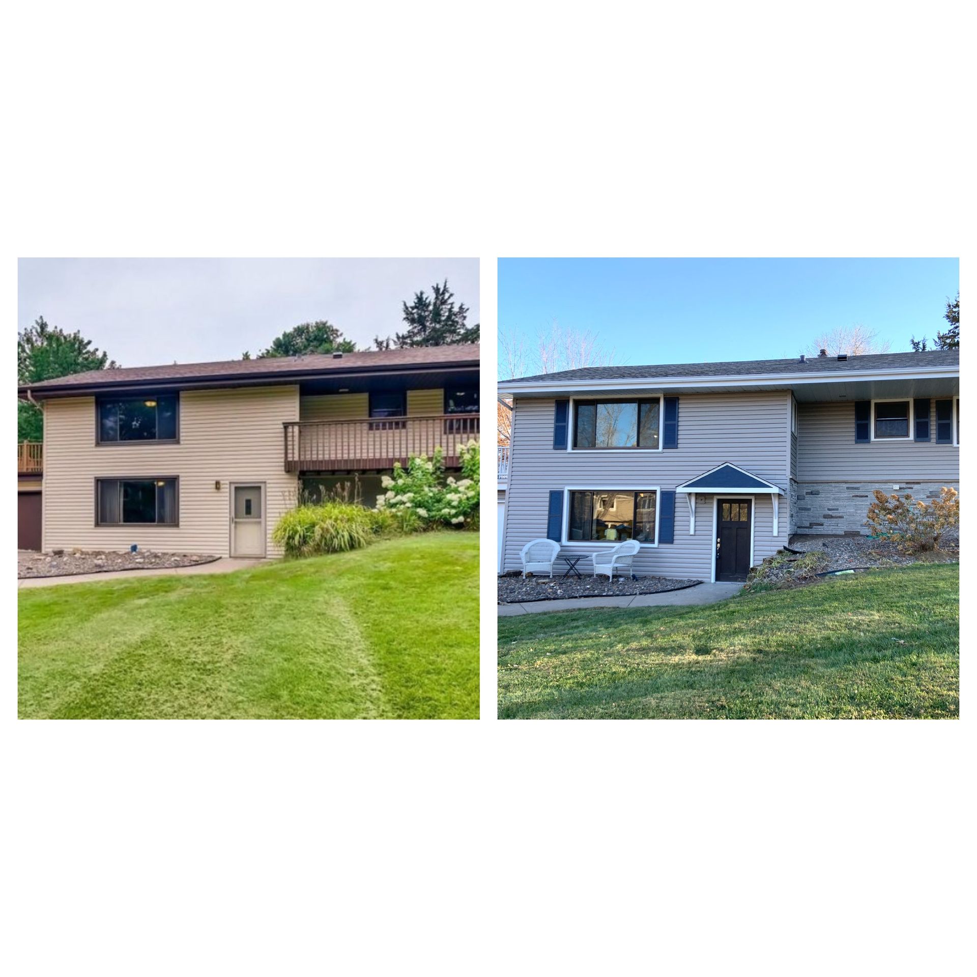 Two-story house with tan siding on the left, gray siding on the right. Both have grass yards and trees.