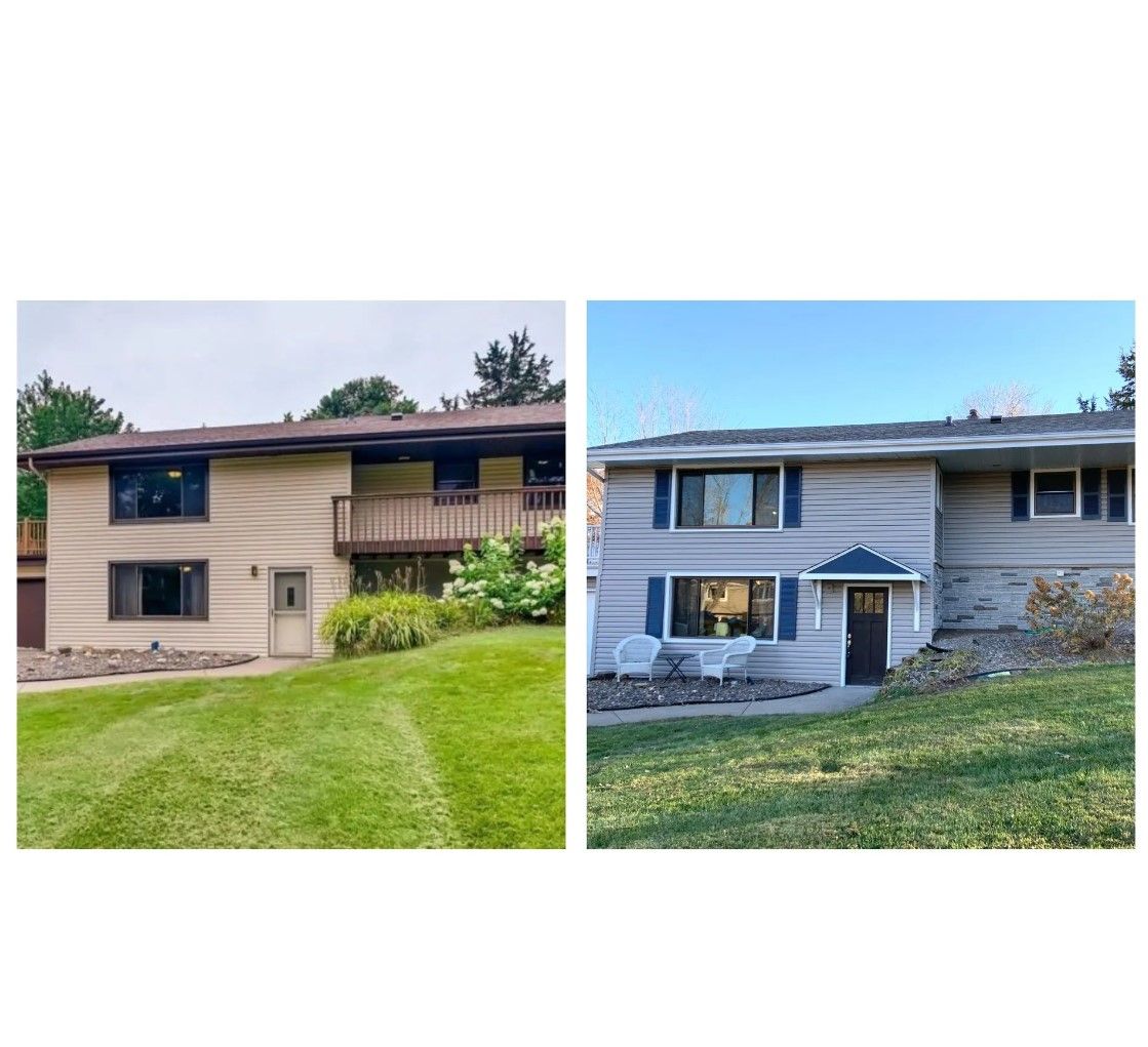 Two-story house before and after renovation, with fresh paint, updated windows, and improved landscaping.