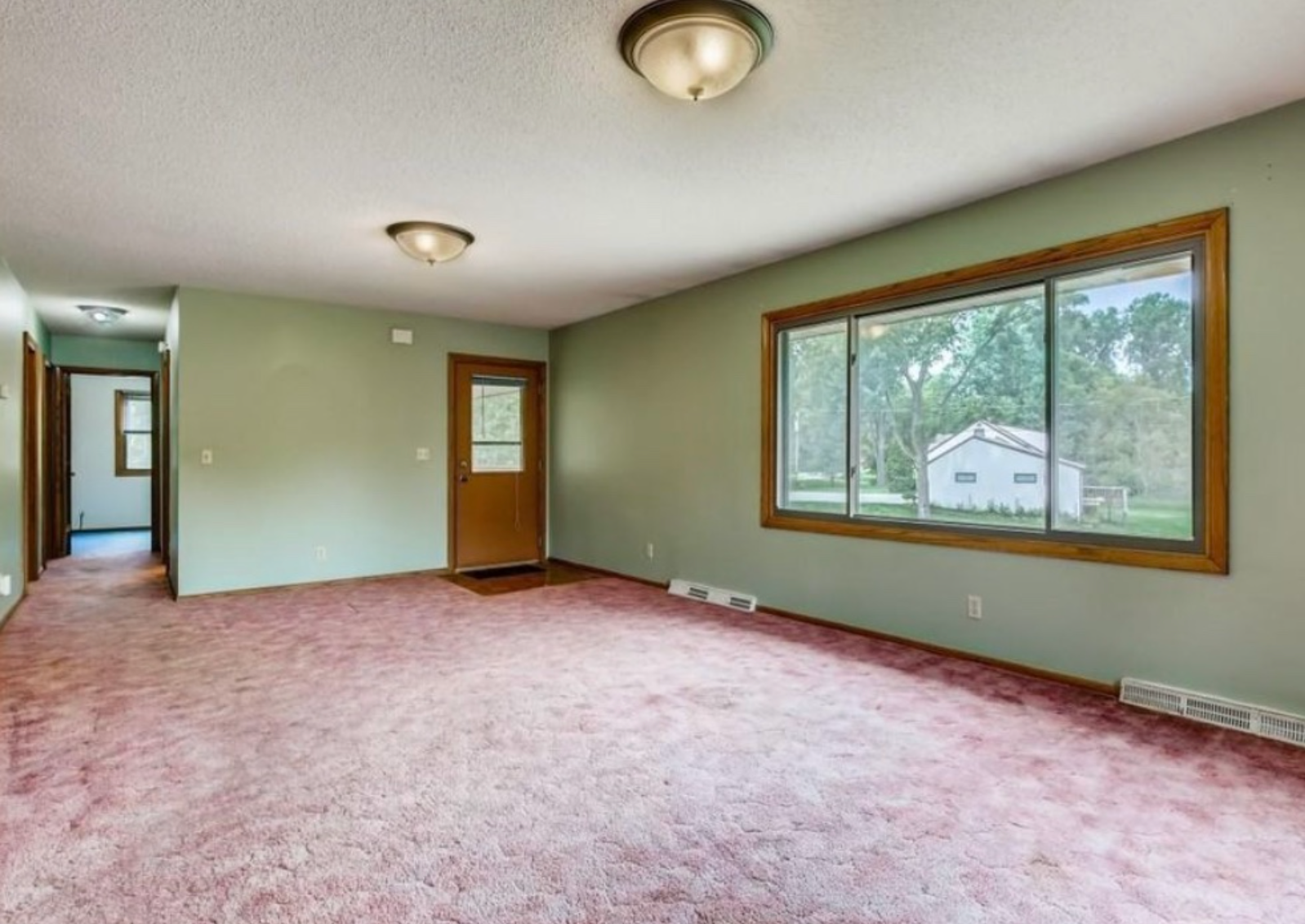 Room with pink carpet, green walls, brown door/window frames, two ceiling lights, and window looking outside.