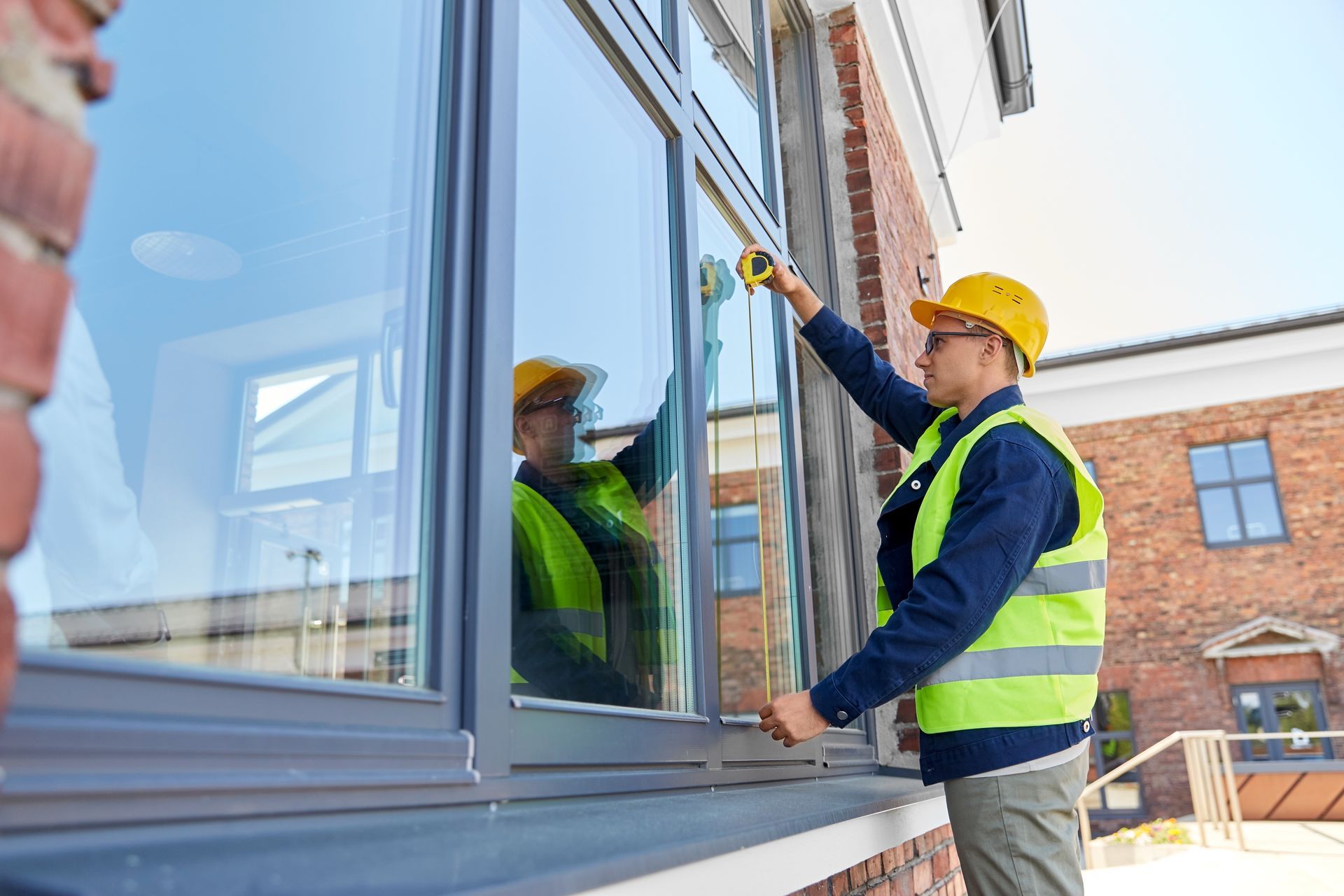 A construction worker is installing a window on a building.