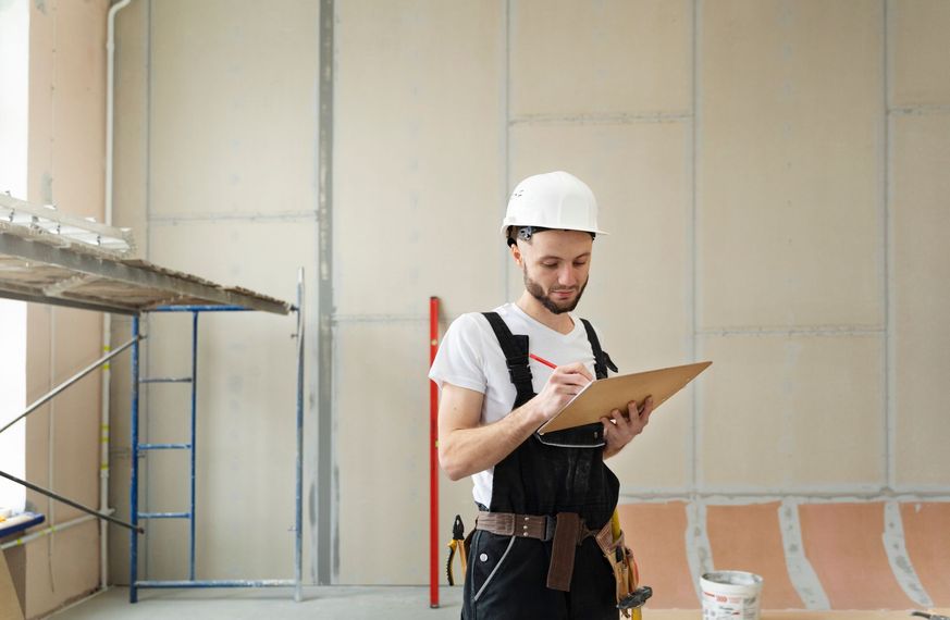 A construction worker is writing on a clipboard in a room under construction.