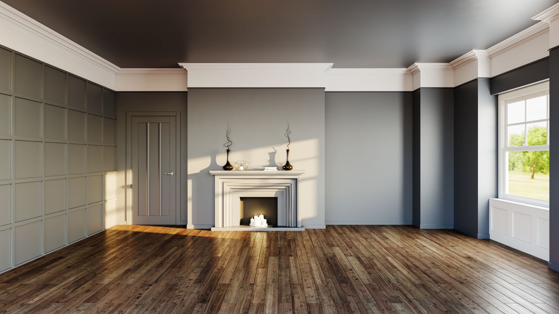 There is a fireplace in the middle of the room.