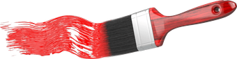 A red paintbrush with red paint strokes.