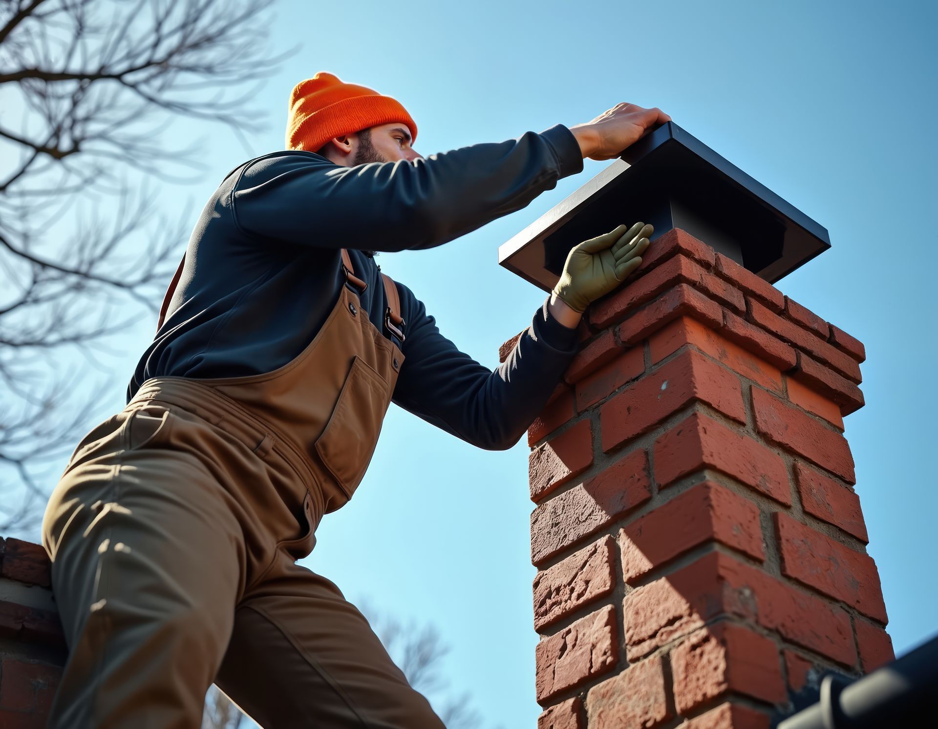 A man performing a professional chimney inspection on a brick chimney outdoors.