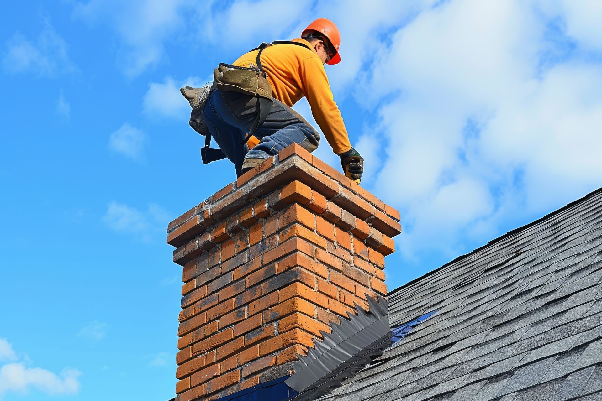 A man on a house roof, focused on chimney inspections and ensuring proper maintenance.