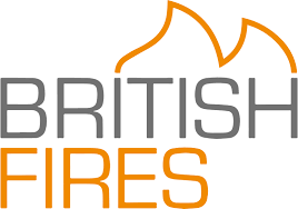 British Fires logo in gray and orange with flame graphic above the text