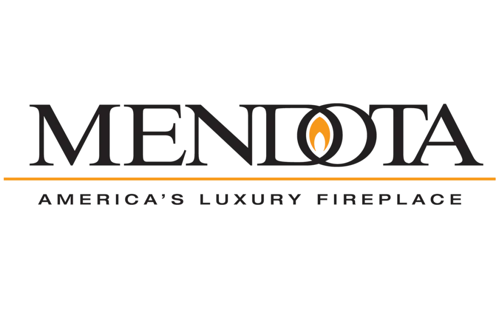 Mendota logo with stylized flame in the “O” and tagline “America’s Luxury Fireplace”