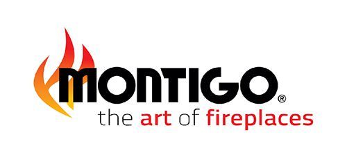 Montigo logo with flame icon and tagline “the art of fireplaces”