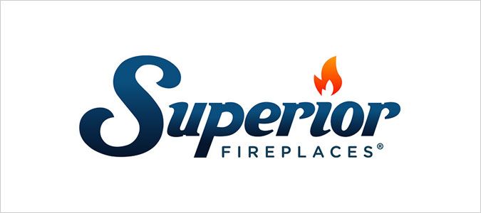 Superior Fireplaces logo with navy text and a small orange flame above the i