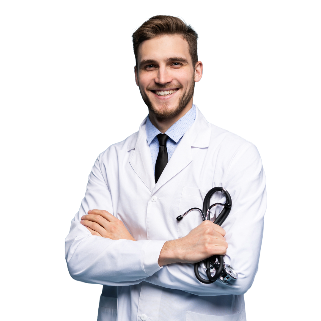 A smiling doctor in a white coat and tie is holding a stethoscope.