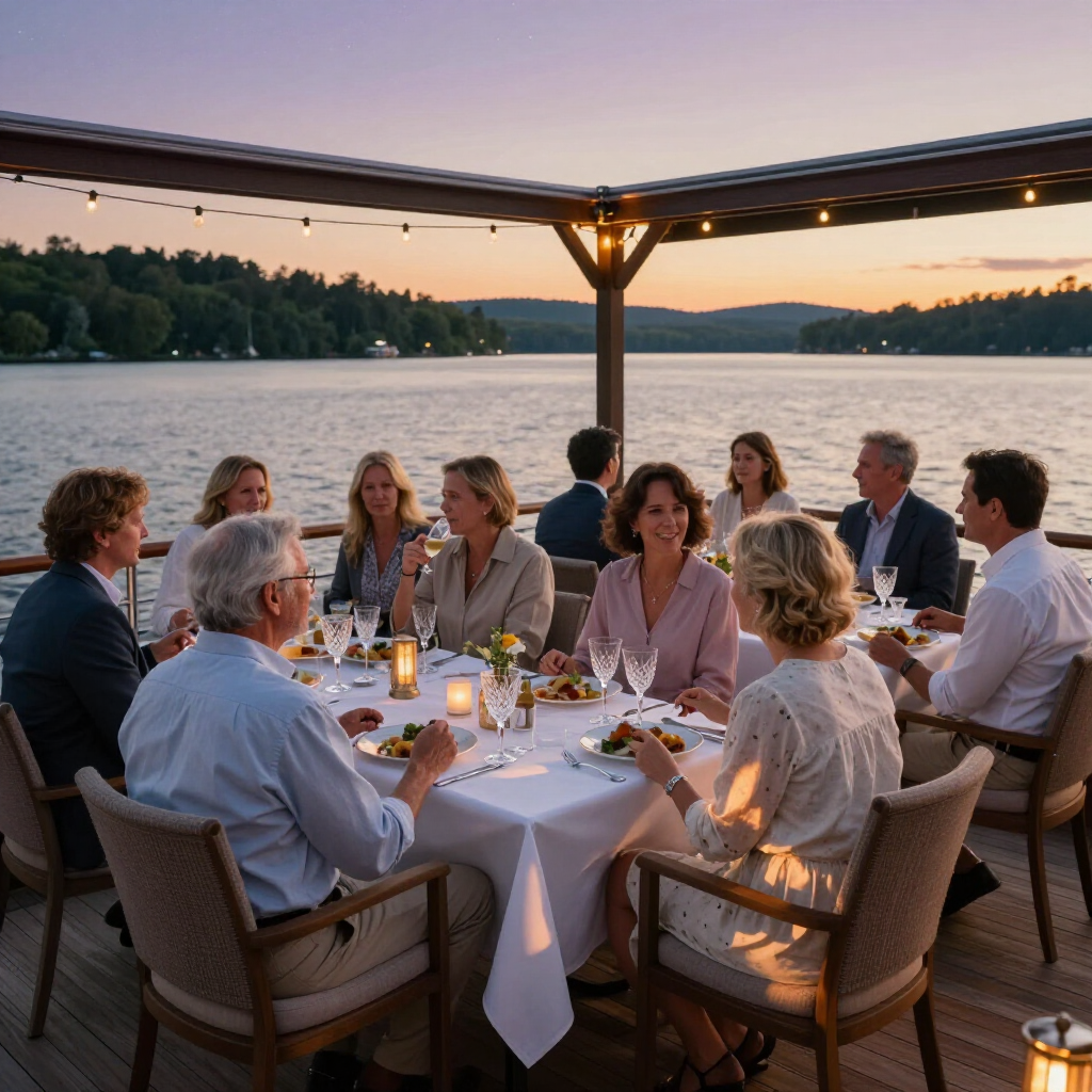 A group of people dining at a white-clothed table on an open-air deck overlooking a lake at sunset.