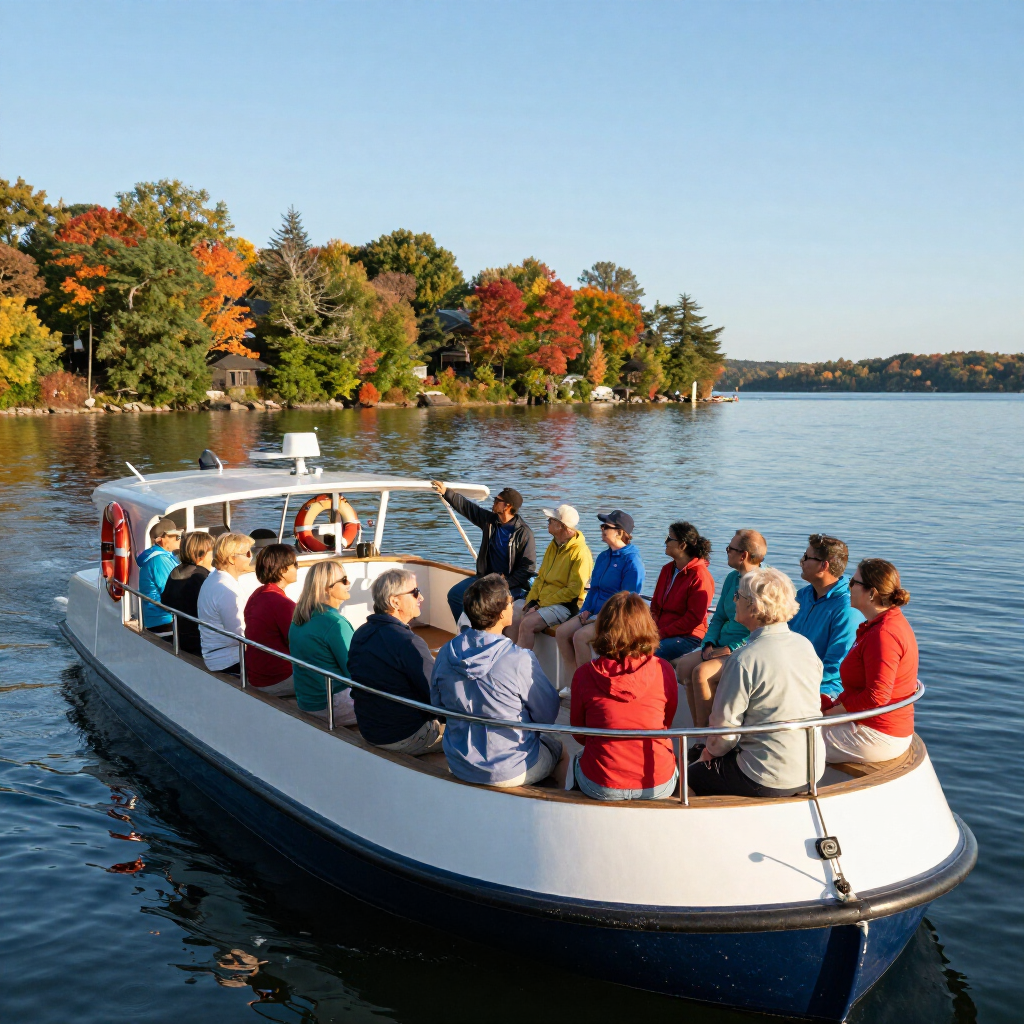 A group of people rides a small tour boat on a lake surrounded by autumn trees on a sunny day.