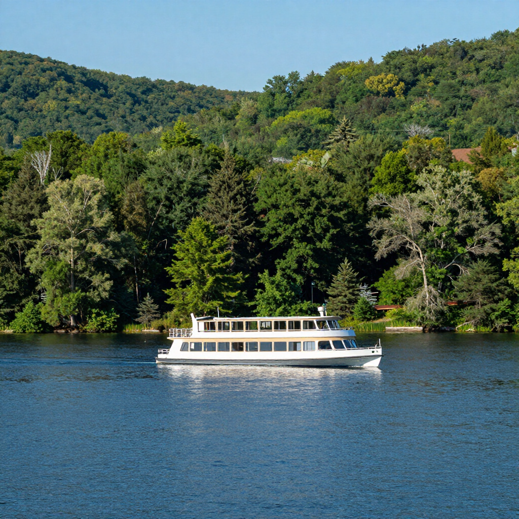 A white tour boat cruises across a calm lake in front of a dense, green forested hillside.