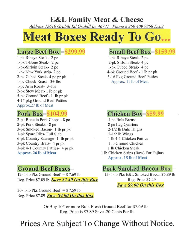 Menu sign for E&L Family Meat & Cheese listing meat boxes ready to go.
