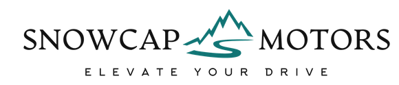 The logo for snowcap motors shows a mountain and the words elevate your drive.