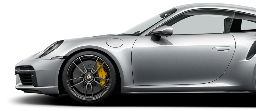 A silver porsche 911 turbo s is shown on a white background.