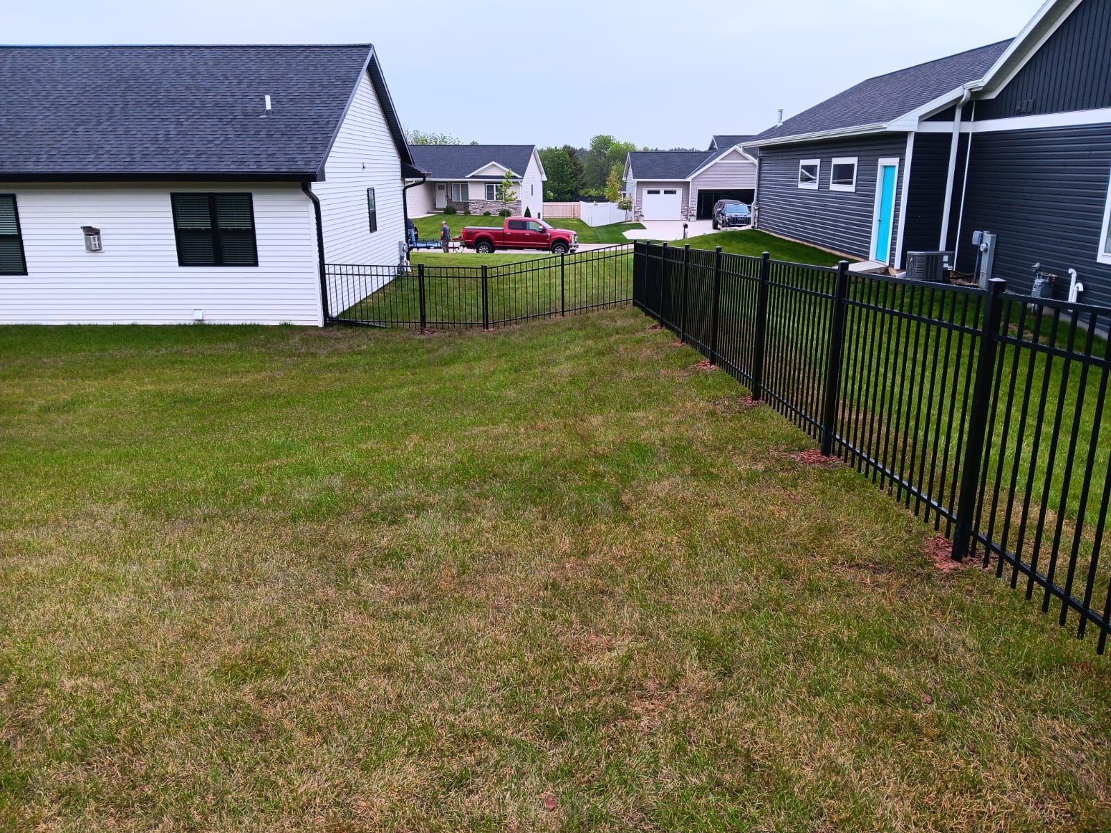 A backyard view looking toward neighboring houses, featuring a grassy lawn and a black metal fence on the right side.