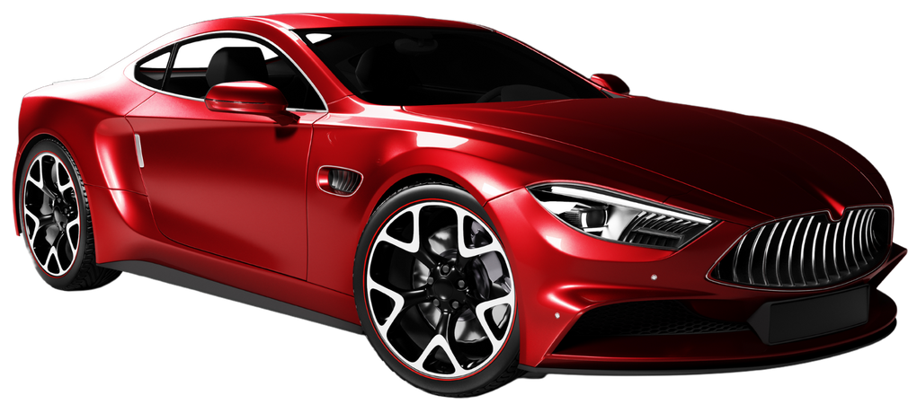 A red sports car with black wheels on a white background.