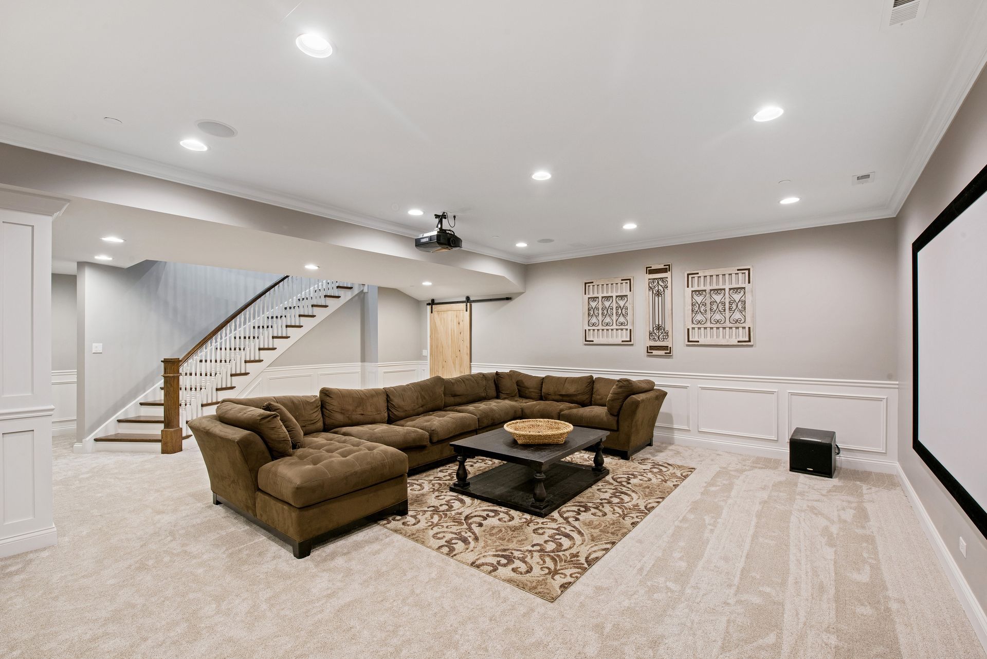 Spacious basement room for movie watching and gatherings with family