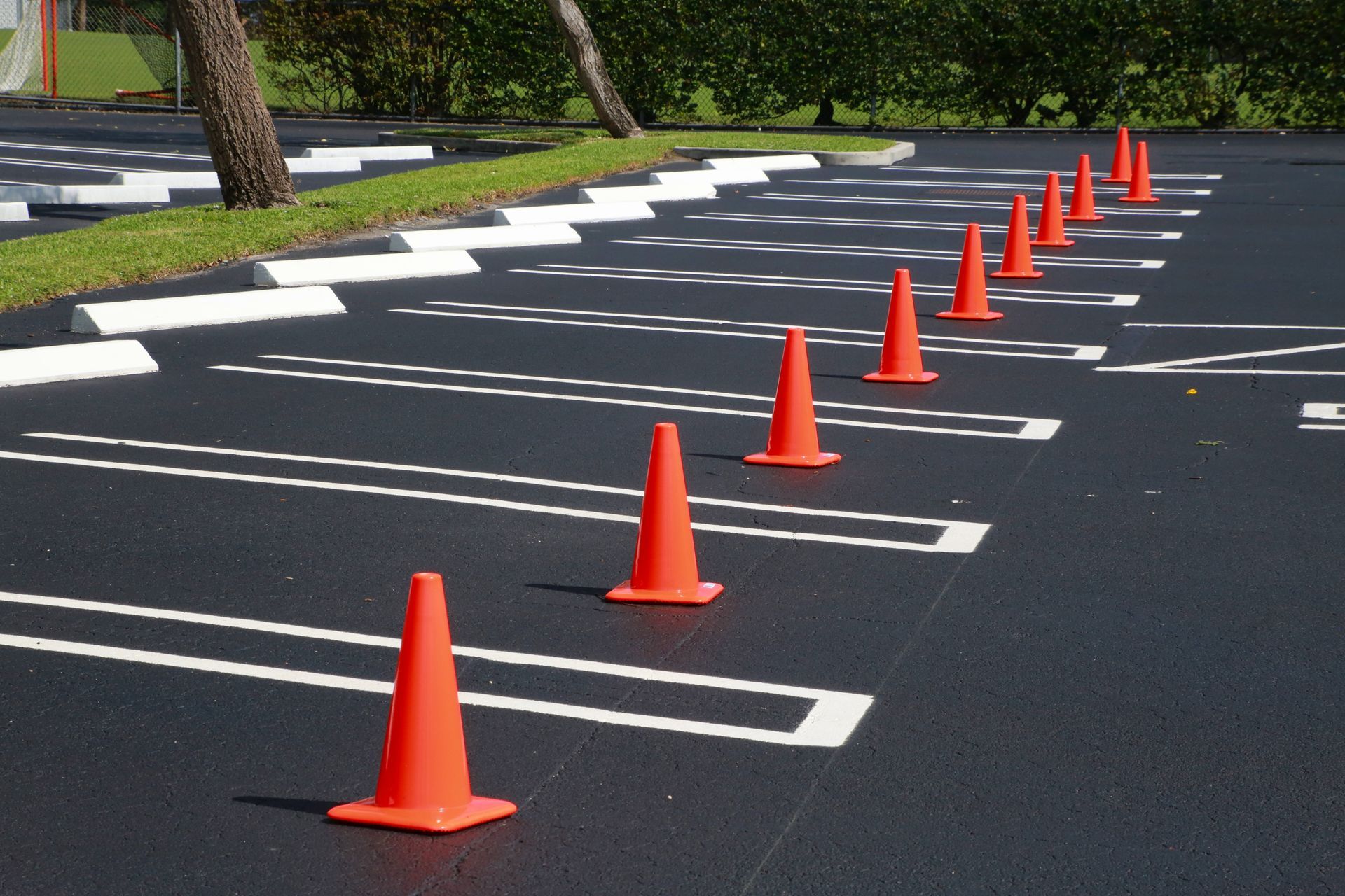 Orange traffic cones lining a parking lot lane with white painted markings Orange traffic cones lining a parking lot lane with white painted markings