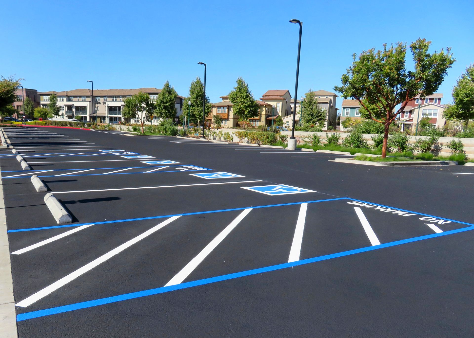 Empty parking lot with blue accessible parking lines under a clear sky Empty parking lot with blue accessible parking lines under a clear sky
